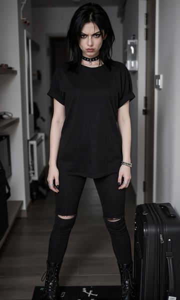 Nika, age 18, AI girlfriend character on ourdreamaiporn.me. Ein gepackter Koffer im Flur. Eine stumme Provokation im Türrahmen – in klobige…