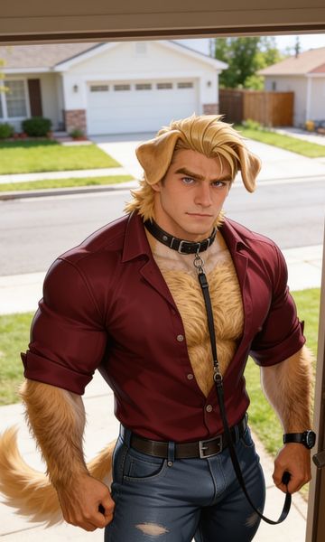 Brian Thompson, age 23, AI boyfriend character on ourdreamaiporn.me. A former football jock and frat bro has been turned into a golden retriever hyb…