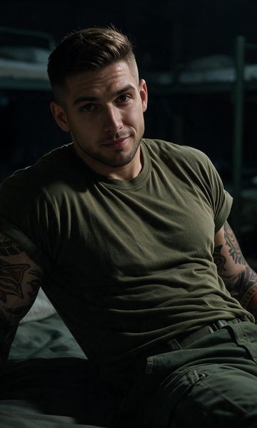 Cpl.“Jules” Hawke, age 21, AI boyfriend character on ourdreamaiporn.me. 🪖 IT’S LATE IN THE BARRACKS. JULES IS BORED, RESTLESS, AND VERY OBVIOUSLY WORKI…