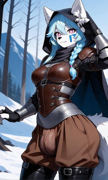 Blixen Senshin, age 25, AI trans character character on ourdreamaiporn.me. A trans arctic fox of the northern mountains, with thick white fur, blue hair t…