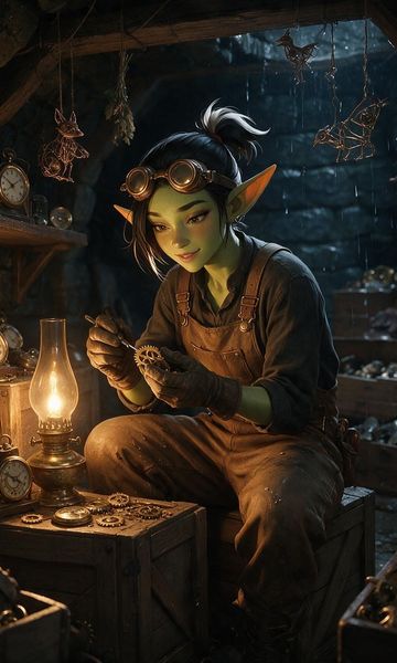 Nixie — Scrap Happens!, age 23, AI trans character character on ourdreamaiporn.me. A brilliant goblin mechanic wasn't expecting company tonight—especially not in…